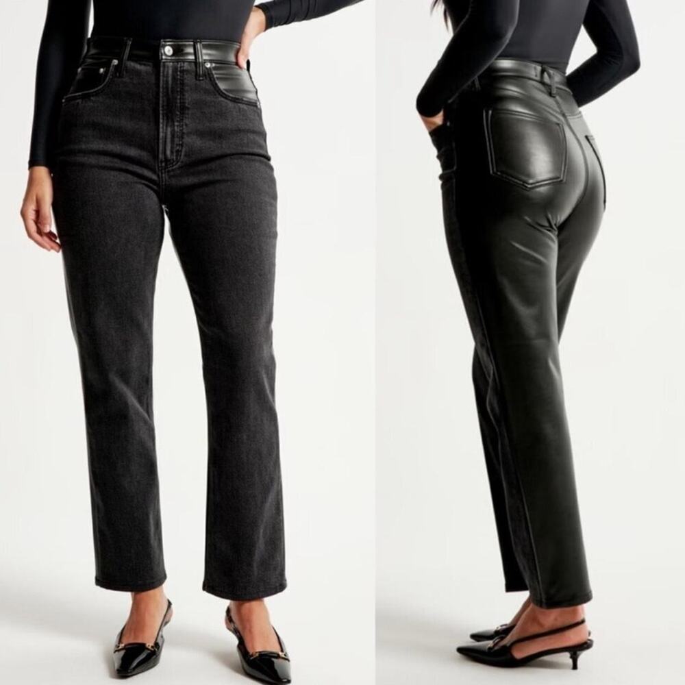 Abercrombie 90s Straight Faux Leather Jeans Women 26 Short Ultra High Rise Black - Picture 1 of 10